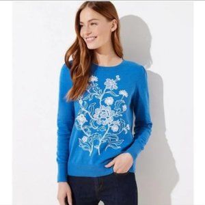 LOFT | Puff Sleeve Blue White Floral Embroidered Lightweight Sweater